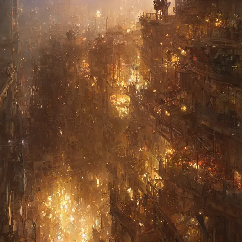 Prompt: a beautiful realistic painting of a firework festival on a balcony at night, intricate, elegant, highly detailed, greg rutkowski, krenzcushart, nier automata enviroment concept art, makoto shinkai, alphonse mucha