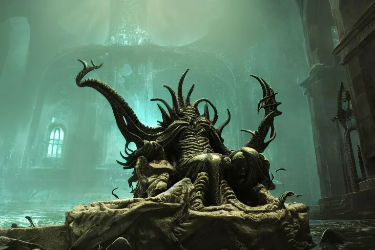 Prompt: cthulhu sitting on a throne in an underwater ruins, dark souls inspired, elden ring inspired, octane render, rtx, unreal engine 5, digital painting, trending on artstation, highly detailed, epic composition, 8 k uhd