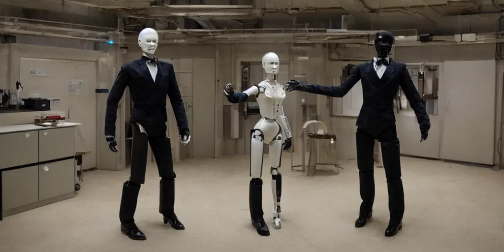 Prompt: the humanoid robot dances in the american tv series westworld