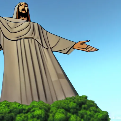 Image similar to Christ the Redeemer smiling, animation, anime, cartoon, concept art