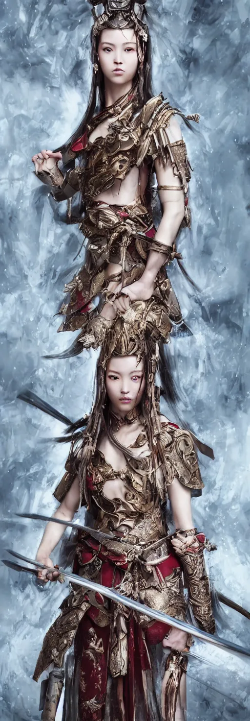 Image similar to full body portrait fashion editorial of beauty charming woman as a warrior godly princess in feudal japan, clear makeup, clean hair, dry skin, clear skin, airbrushed, bright eye makeup, femine warrior body, photo by mario testino, 8k octane render, cinematic, hyper detailed, micro details, insanely detailed, trending on artstation, concept art, Peter Paul Rubens and Peter Mohrbacher style