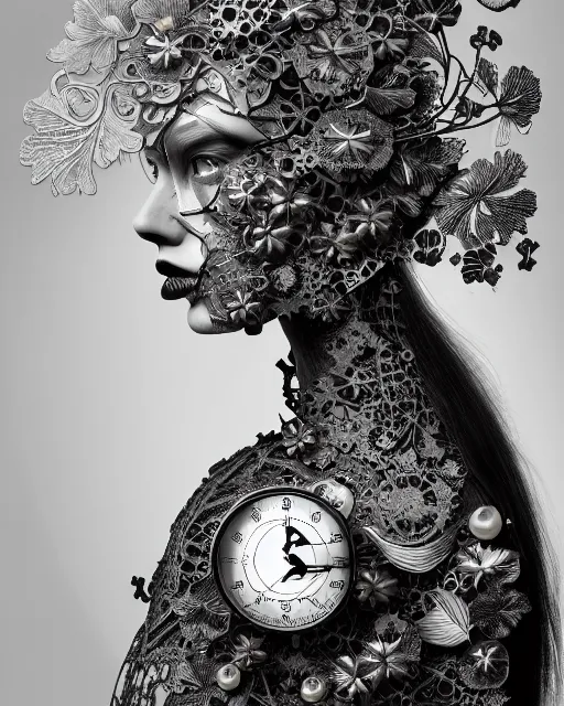 Image similar to monochrome profile portrait painting, dutch masters, silver lace floral steampunk biomechanical beautiful one techno eye young female cyborg, big monocular, volumetric light, leaves foliage and stems, hibiscus flowers, alexander mcqueen, rim light, big gothic fashion pearl embroidered collar, 8 k