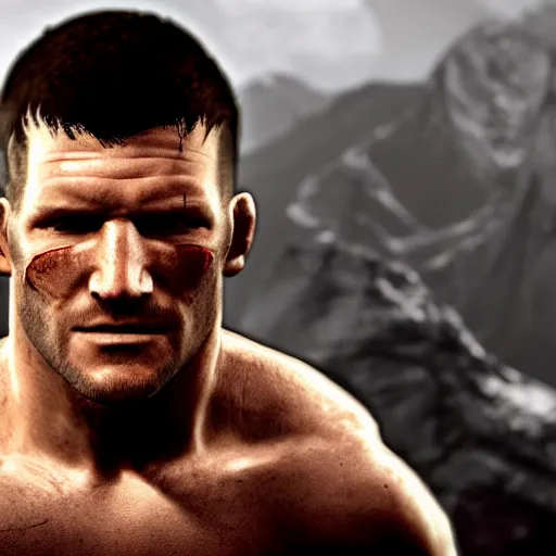 Image similar to character screenshot of ufc commentator michael bisping with an eye patch, npc talking, skyrim, wilderness, 1 0 8 0 p, bokeh, elder scrolls v, detailed, dialog text