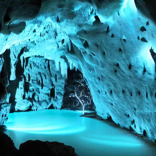 Image similar to a hyper realistic cave with bright blue fungus growing on the walls, radioactive water glows dimly on the ground, hyper detailed, beautiful lighting
