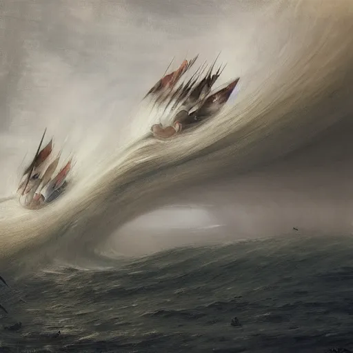 Image similar to by alejandro burdisio, by honore daumier atmospheric, hideous. the digital art of a huge wave about to crash down on three small boats. the boats are filled with people, & they all look terrified.