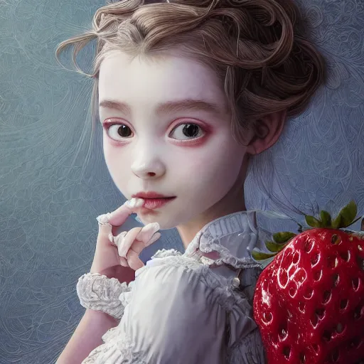 Image similar to the portrait of the absurdly beautiful, graceful, elegant, sophisticated, fashionable little girl made of strawberries and white petals looking down, an ultrafine hyperdetailed illustration by kim jung gi, irakli nadar, intricate linework, bright colors, octopath traveler, final fantasy, unreal engine 5 highly rendered, global illumination, radiant light, detailed and intricate environment