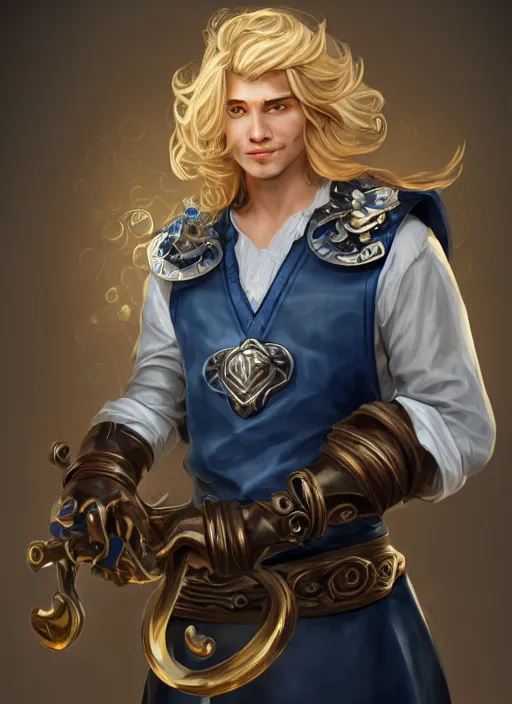 Image similar to a highly detailed illustration of long wavy bright blonde haired young effeminate boy wearing blue blacksmith apron and iron mechanical arms, blue eyes, dramatic smiling pose, intricate, elegant, highly detailed, centered, digital painting, artstation, concept art, smooth, sharp focus, league of legends concept art, wlop