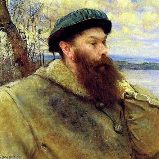 Prompt: portrait masterpiece painting by vasnetsov and surikov, JEAN-VICTOR BERTIN, by Terence Cuneo, detailed, t artfully traced