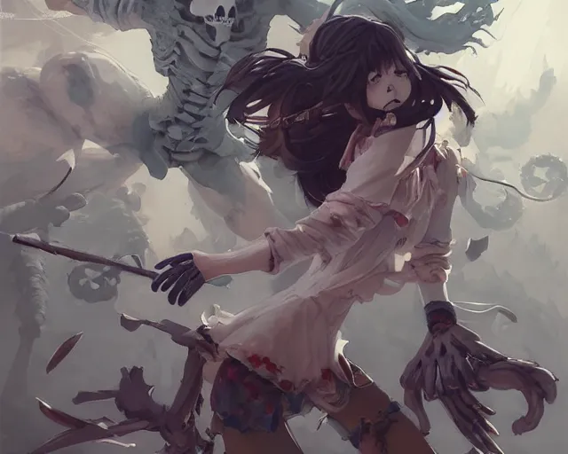 Image similar to anime girl fighting a skeleton elegant, sharp focus, illustration, highly detailed, concept art, matte, trending on artstation, anime, art by james jean and artgerm and brian despain and alberto mielgo, greg rutkowski, wlop, ilya kuvshinov, strong strokes