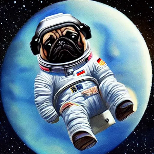 Image similar to hyper realistic, highly detailed, astronaut pug in space.