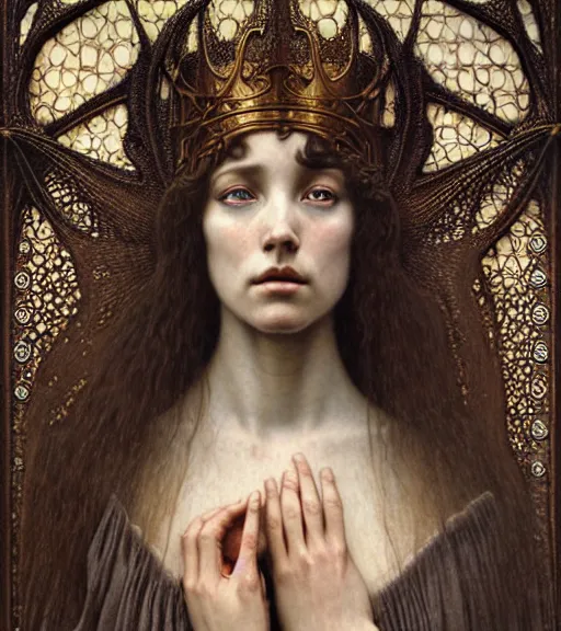 Image similar to detailed realistic beautiful young medieval queen face portrait by jean delville, gustave dore and marco mazzoni, art nouveau, symbolist, visionary, gothic, pre - raphaelite. horizontal symmetry by zdzisław beksinski, iris van herpen, raymond swanland and alphonse mucha. highly detailed, hyper - real, beautiful