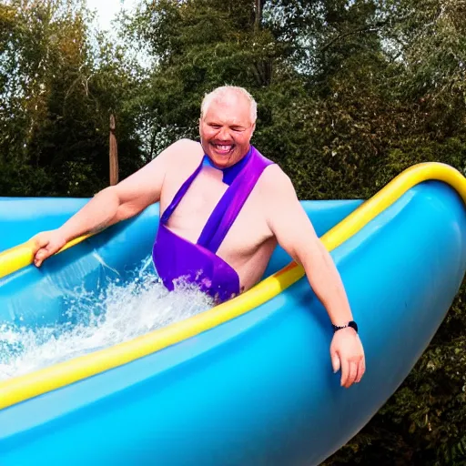 Prompt: a priest on a water slide, laughing, professional photography