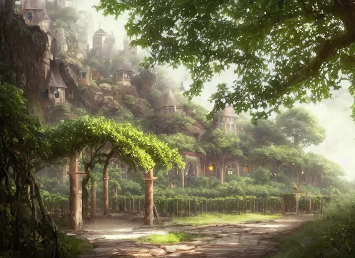Image similar to Lush winery outside a beautiful elven city made of white marble, anime, lush trees, a fantasy digital painting by Greg Rutkowski and James Gurney, trending on Artstation, highly detailed