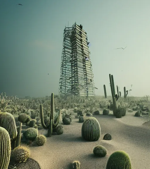 Prompt: sudden life on surreal theory, massive inverted roots, unfinished outdated vertical roots of white sand, ancient epic tower in the desert, biroremediation plant, foggy sky, dark night, a little bit of patchy cactus, octane render, unreal engine, pale colors, high detail, 8 k, wide angle, trending on artstation, behance