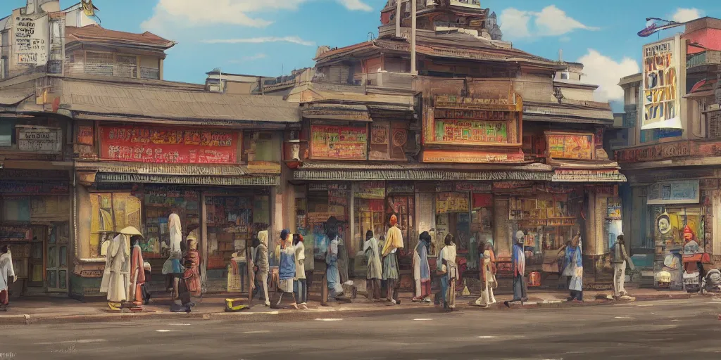 Image similar to little india sundry shop, old cinema, post office, evening, highly detailed matte painting, studio ghibli, artstation