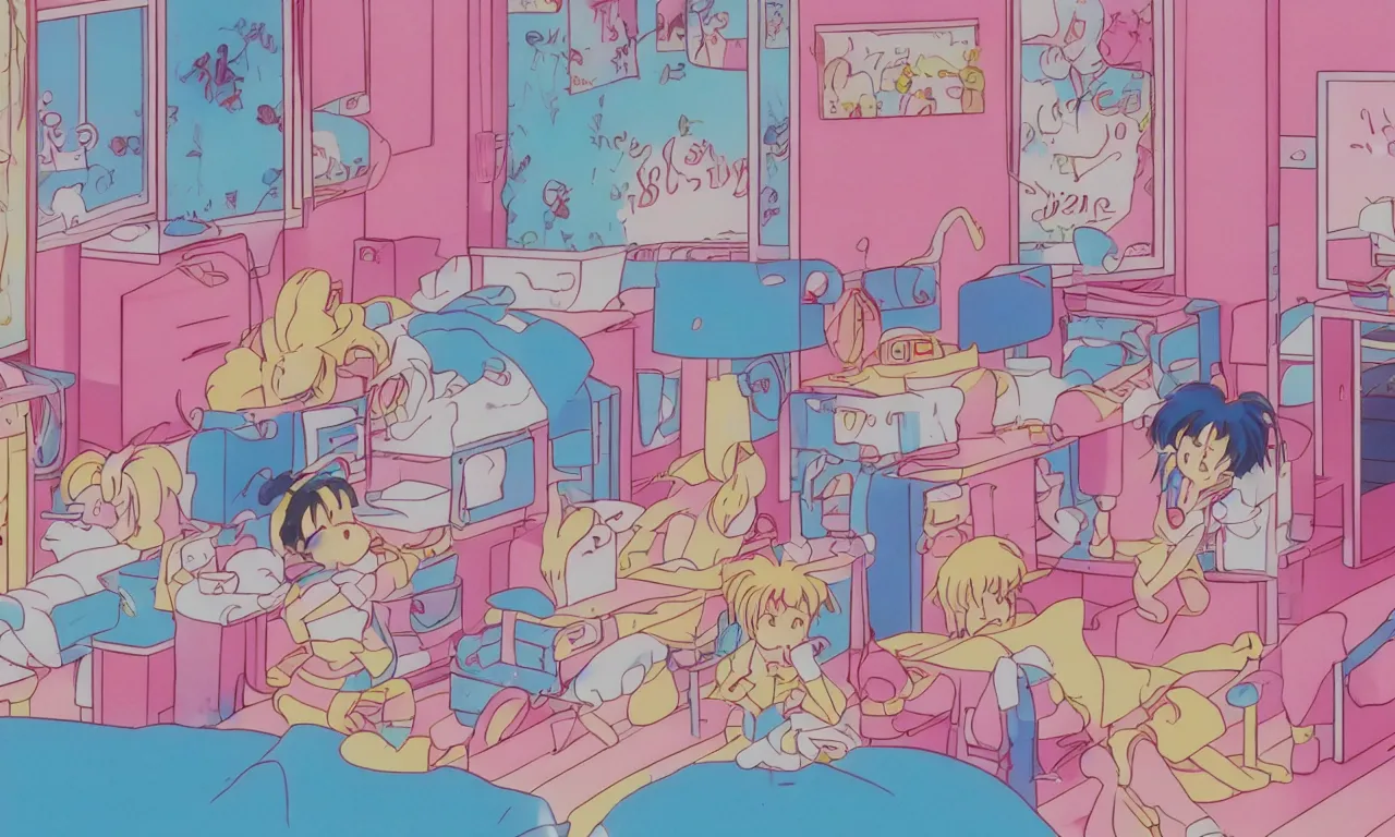 Image similar to A cute aesthetic still frame from an 80's or 90's anime bedroom