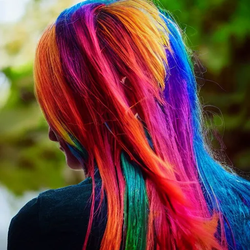 Prompt: hyperealistic woman with rainbow hair by waterfall