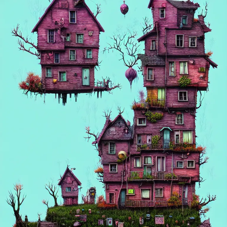 Prompt: house by elsa frozen, surreal art by gediminas pranckevicius, geof darrow, dark shadows, hard lighting, floralpunk, inking, etching, screen print, masterpiece, trending on artstation, sharp, colorful high contrast hd, 8 k hyper detailed