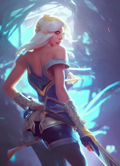 Image similar to ashe, league of legends splash art, path traced, octane render, highly detailed, high quality, digital painting, hd, alena aenami, lilia alvarado, shinji aramaki, karol bak, alphonse mucha, tom bagshaw