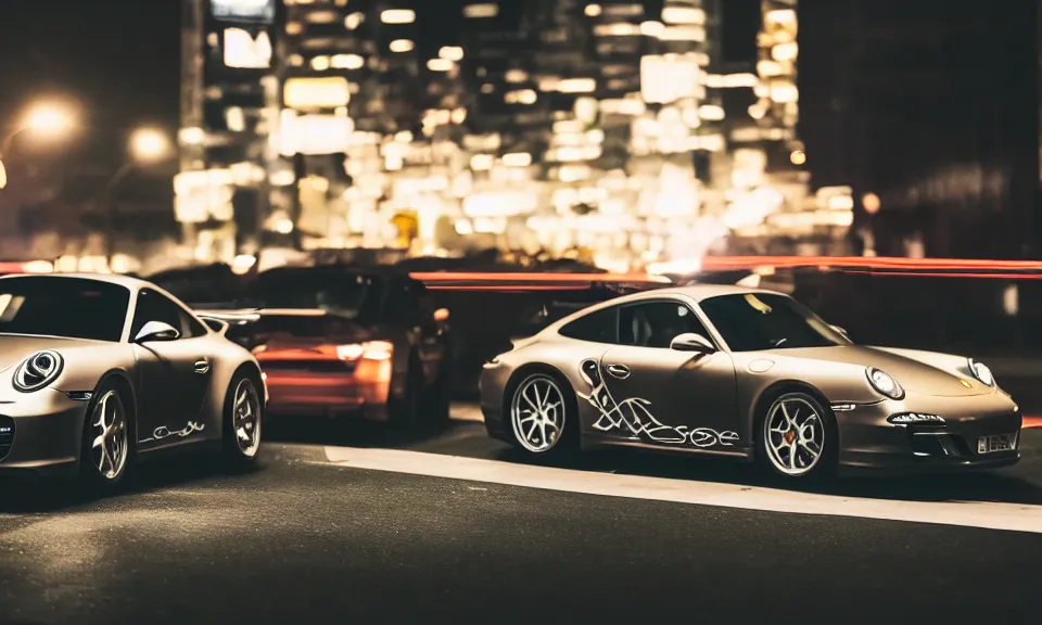 Image similar to photo of a porsche 911 at night drifting through a city, cinematic, 4k, long exposure photography, tokyo drift, fast and furious, film still, night photography, motion blur, lens flare, movie shot, light trail, distortion, wide angle