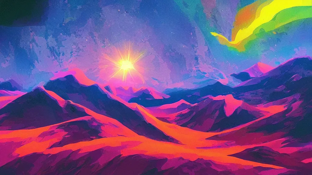 Prompt: a psychedelic illusion mountain scenery, moody, space, colorful, sun, artstation, digital art.
