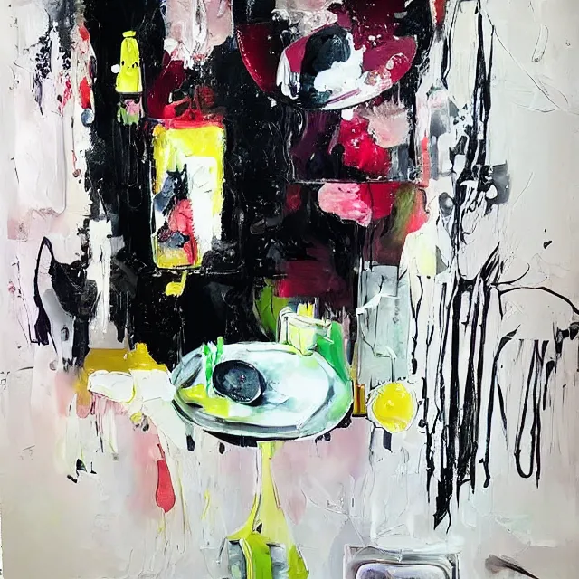 Image similar to “ a portrait in a female art student ’ s apartment, sensual, art supplies, paint tubes, palette knife, pigs, ikebana, herbs, a candle dripping white wax, black walls, squashed berries, berry juice drips, acrylic and spray paint and oilstick on canvas, surrealism, neoexpressionism ”