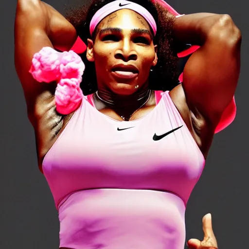 Image similar to Serena Williams as the Nike Goddess of Victory in pink clouds