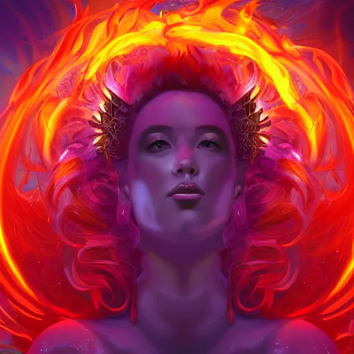 Image similar to ecstatic goddess of fire surrounded by swirling flames and magic, 8k resolution digital painting, cinematic lighting, DeviantArt Artstation, Behance HD, by Jason Felix and Ross Tran, vivid rainbow aventurescence