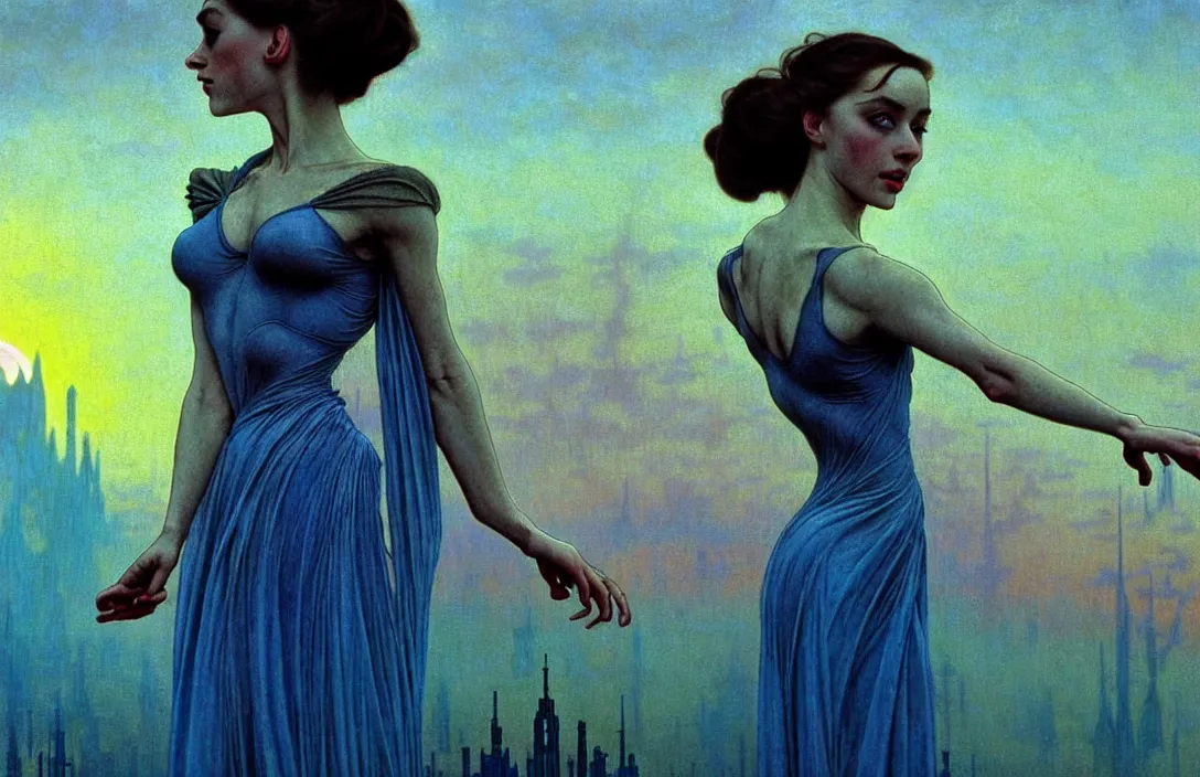 Image similar to realistic detailed portrait movie shot of a prima ballerina wearing a dark robes, sci fi city landscape background by denis villeneuve, amano, yves tanguy, alphonse mucha, ernst haeckel, max ernst, roger dean, masterpiece, rich moody colours, dog teeth, blue eyes, sunset