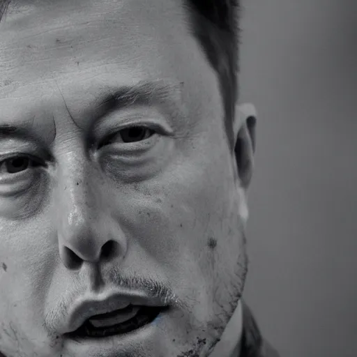 Image similar to voyeuristic cropped closeup of elon musk crying in a dimly lit cave, warm lighting, sony 5 0 mm lens