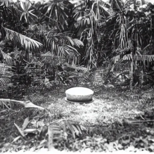 Image similar to a rizom lost film footage of a sacred ( ( ( indigenous ) ) ) artifact in the middle of the ( ( ( ( ( ( ( ( ( ( tropical jungle ) ) ) ) ) ) ) ) ) ) / ethnographic object / film still / cinematic / enhanced / 1 9 0 0 s / black and white / grain