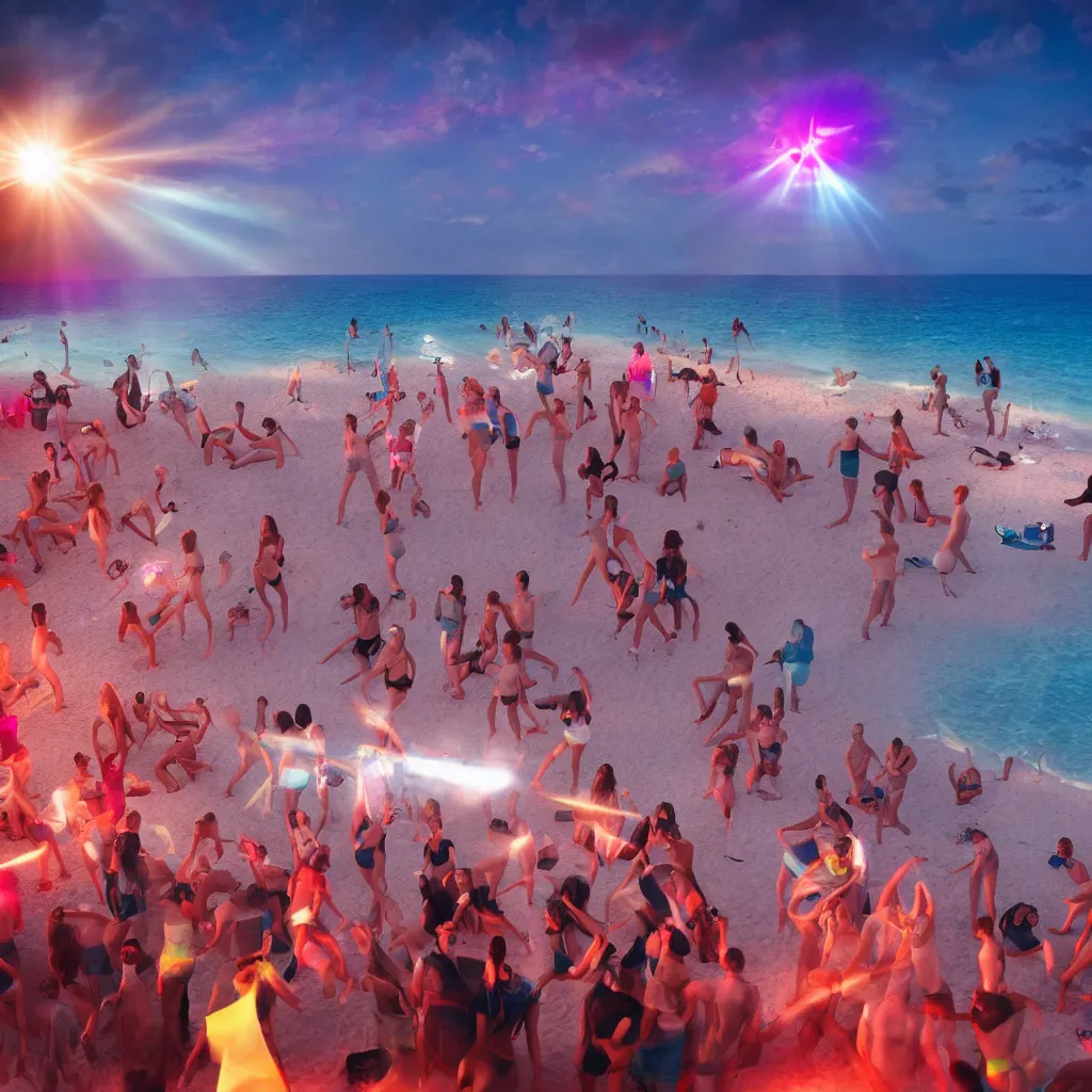 Prompt: absolutely crazy party on a summer beach club, lens flare, long exposure, trending on ArtStation.'