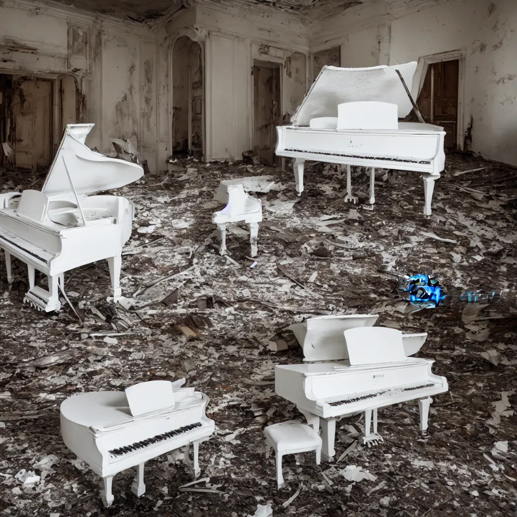 Prompt: White grand piano with damaged keys in an abandoned mansion