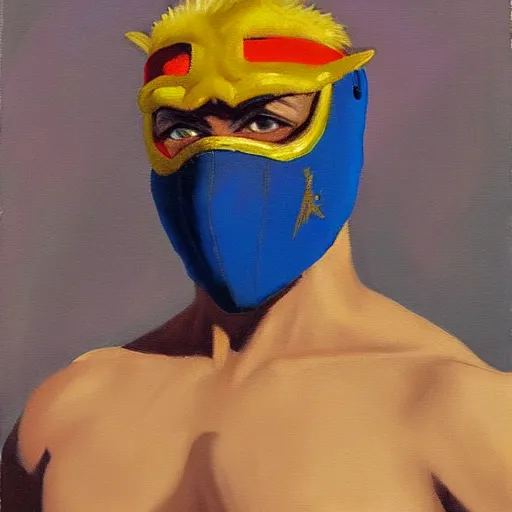Prompt: an oil painting of Vega from street fighter wearing his mask in the style of Frederic Remington