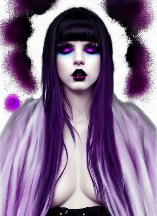 Image similar to portrait of white teenage girl, normal face, white bangs, mall goth, cyberlox, black and white hair, bangs, fluffy bangs, red contact lenses, purple lipstick, intricate, elegant, highly detailed, digital painting, artstation, concept art, sharp focus, smooth, illustration, art by wlop, mars ravelo and greg rutkowski