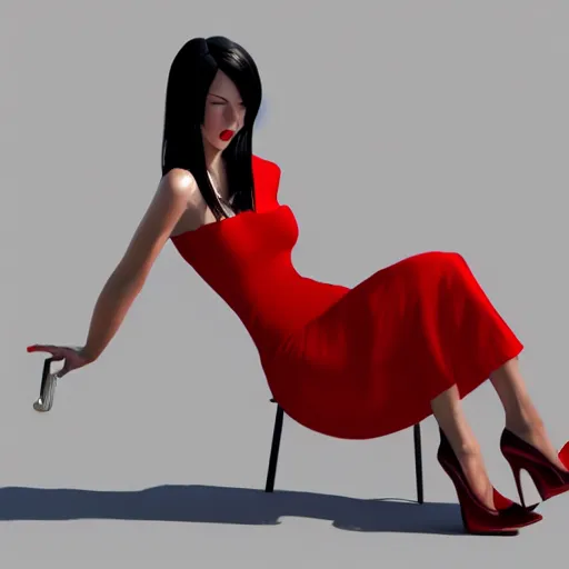 Prompt: woman, red short dress, black hair, by milo manara, 3 d render, red high heels, face, house, milo manara illustration