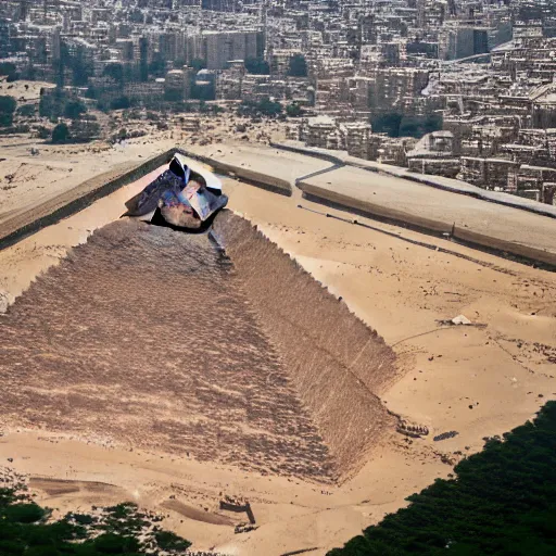 Prompt: a bird's eye view of the pyramids at giza and a river of flowing blood