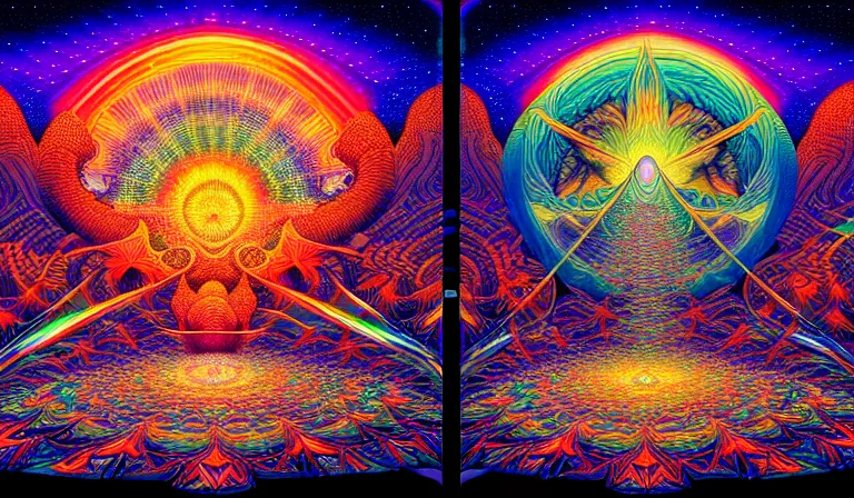 Image similar to an expansive octane redshift rendering of beautiful and complex interwoven spiritual connection between all beings by dan mumford, by jim fitzpatrick, by joe wilson, by jim burns, by victo ngai, by jacek yerka, surrounded with colorful magic mushrooms and rainbowcolored marihuana leaves, insanely integrate, featured on deviant art, trending on artstation