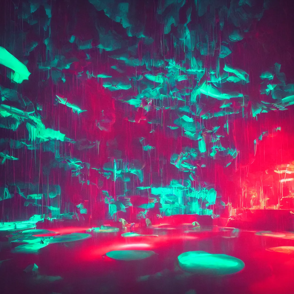 Image similar to rave club in the red pond at night, green laser, light art, photo by reuben wu, jenni pasanen, epic composition, hd, octane, volumetric lighting, masterpiece,