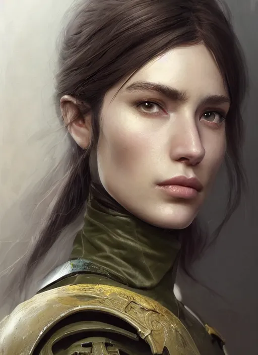 Image similar to a professional painting of a beautiful young female, clothed in military armor, olive skin, long dark hair, beautiful bone structure, symmetrical facial features, intricate, elegant, digital painting, concept art, smooth, sharp focus, illustration, from Metal Gear, by Ruan Jia and Mandy Jurgens and Artgerm and William-Adolphe Bouguerea