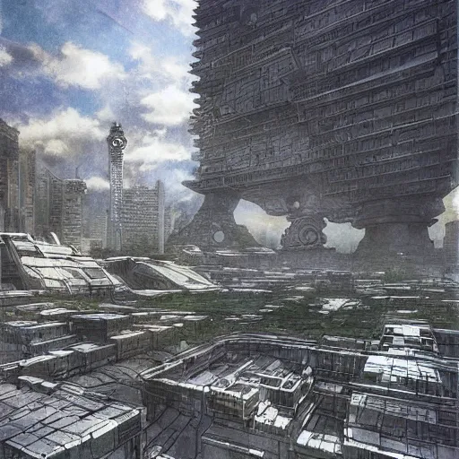 Image similar to “The plaza around the base of the megabuilding was being patrolled by Battletech. The tower was made of solid black metal and stone. POV looking up at tower. Anime background artwork in the style of Akira. 2077 photo mode by Marc Simonetti, artwork by Ted Nasmith, Ted Nasmith and Marc Simonetti, 8K, D&D concept art, 2077 wallpaper”