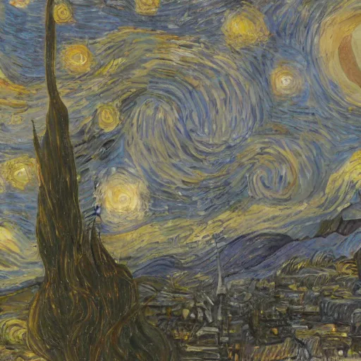 Prompt: a painting of a starry night over a martian cooling by vincent van gogh, featured on pixiv, futurism, sci - fi, post - impressionism, impressionism, painterly, detailed painting