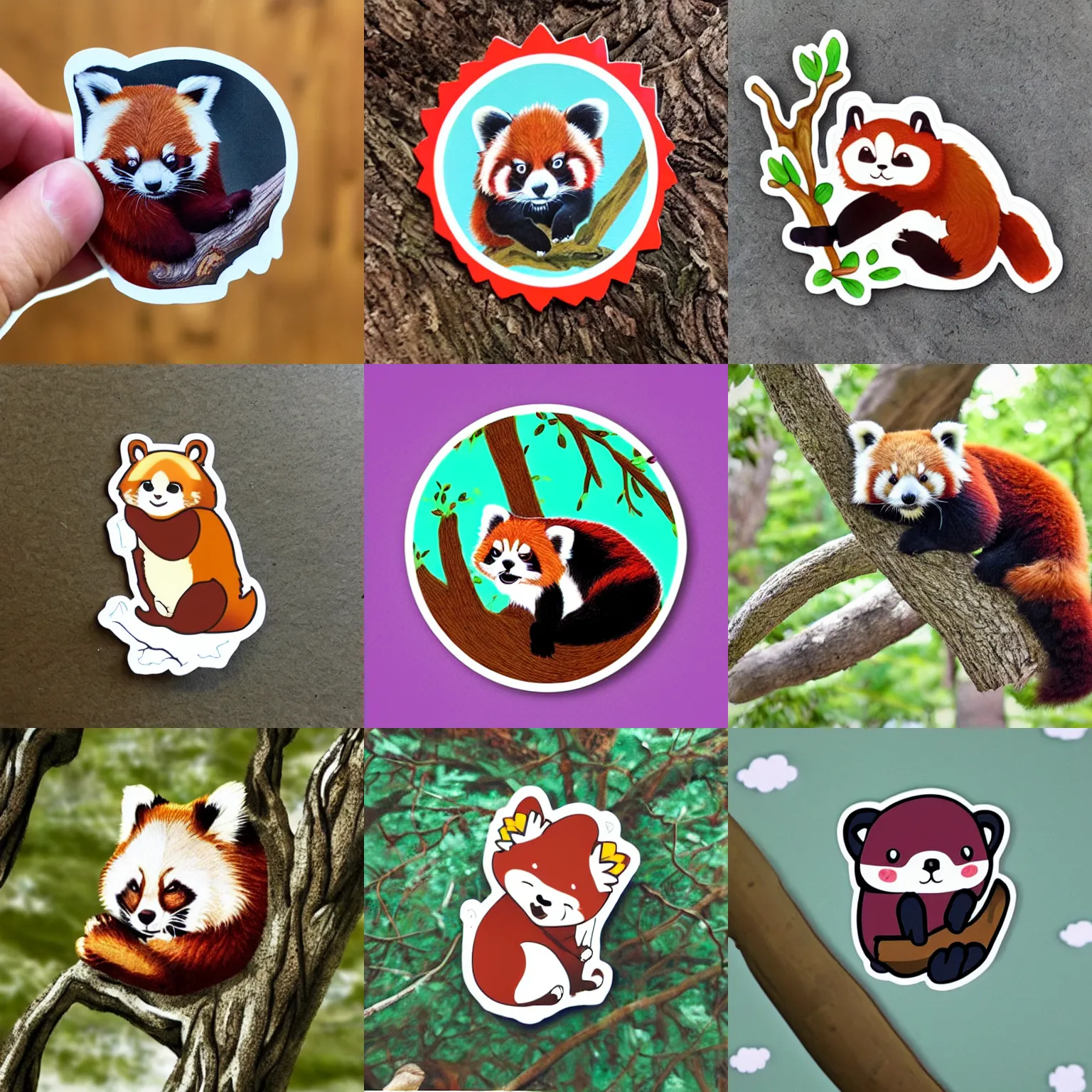 Prompt: a sticker of a red panda sleeping on a tree branch, limbs dangling, kawaii cutest sticker ever