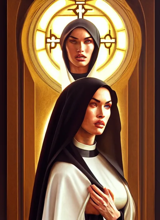 Prompt: portrait of megan fox as a sultry nun, bible, catholic, religion, cross, prayer, intricate, headshot, highly detailed, digital painting, artstation, concept art, sharp focus, cinematic lighting, illustration, art by artgerm and greg rutkowski, alphonse mucha, cgsociety