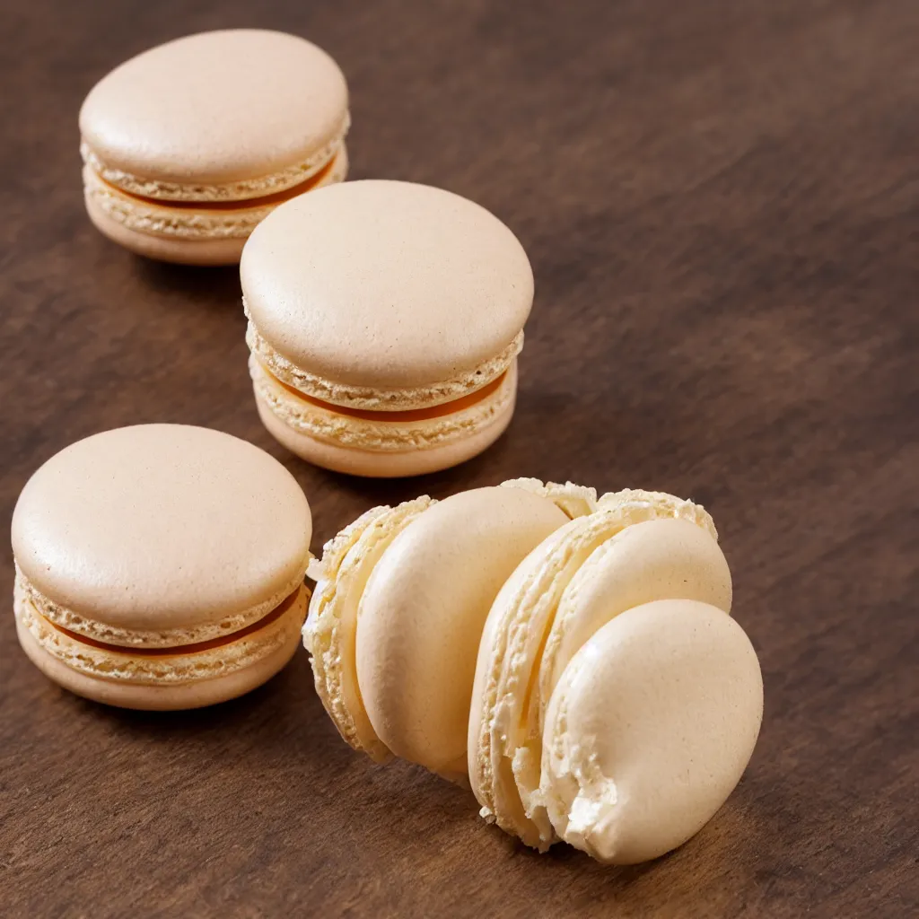 Image similar to close up view of a macaron on top of a wooden table, 8k, photorealistic, proper shading