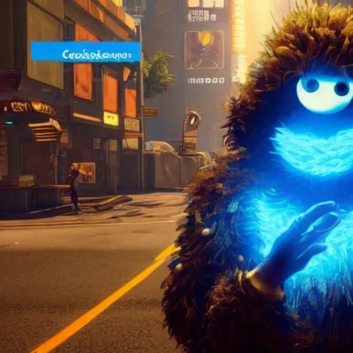 Image similar to cookie monster in cyberpunk 2 0 7 7 unreal engine 5 8 k hyperdetailed