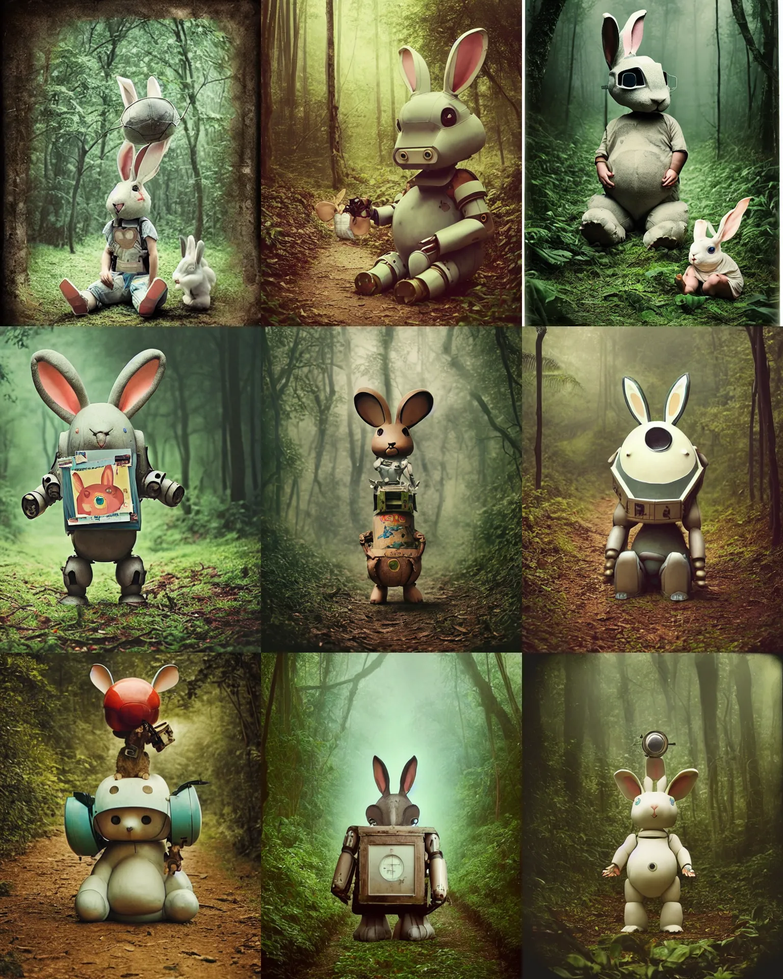 Prompt: beggar !! giant oversized battle rabbit robot chubby mech baby as beggar with big ears and rabbit , on a jungle forest , full body , Cinematic focus, Polaroid photo, vintage , neutral dull colors, soft lights, foggy ,random weather, by oleg oprisco , by victor enrich