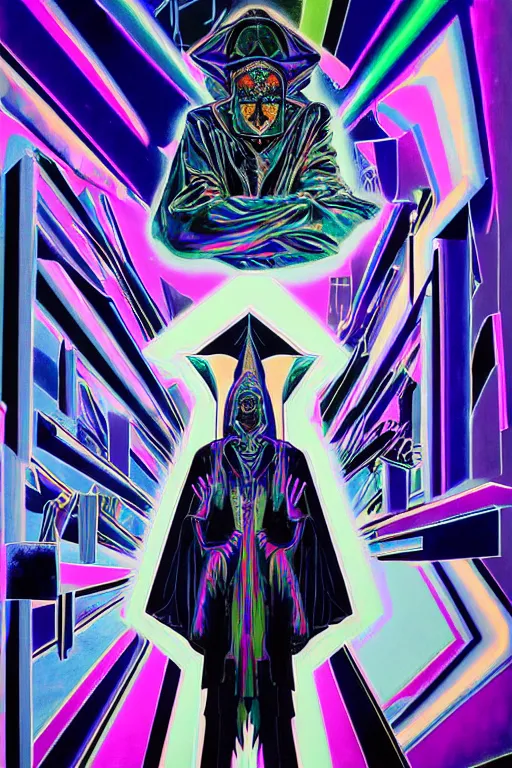 Image similar to a highly detailed beautiful masterpiece portrait painting of a technomancer wizard in dazzle camouflage robes with pointed hood facetiming his AI djinn hologram in his laboratory near a holographic super-computer by Remedios Varo and Anato Finnstark and Greg Rutkowski and Andy Warhol, dayglo pink, dayglo blue, prismatic, pearlescent white, raven black, glowing, hyperrealism, 8k, trending on ArtStation, rendered in Octane, rendered in Unreal engine, award winning, volumetric lighting, fisheye lense