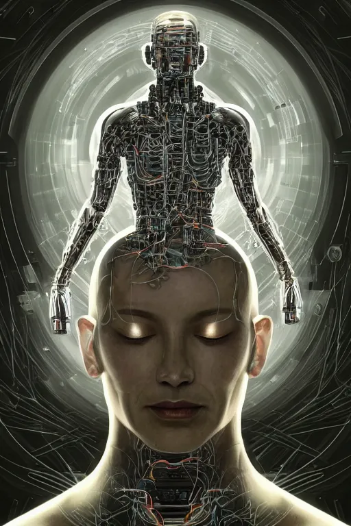 Image similar to Meditating cyborg with many cybernetic implants and wiring, sitting in a lotus pose, slightly smiling, techno-optimism, utopia, sci-fi, hyperrealist, centered, wide angle shot, shart focus, detailed, intricate, 4k UHD, creative lighting, digital painting by Greg Rutkowski, face by artgerm, digital art, trending on artstation, top post of all time on /r/transhumanism subreddit