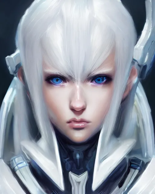 Image similar to perfect white haired girl, warframe armor, beautiful, dreamy, portrait, highly detailed, digital painting, trending on artstation, concept art, sharp focus, illustration, pretty face, blue eyes, scifi platform, front lit, laboratory, experiment, masterpiece, art by masayoshi tanaka, akihiko yoshida, kazuya takahashi